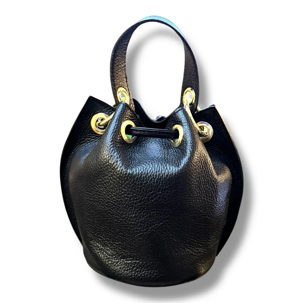 ANNA PAOLA Black Leather Mini Bucket Bag with Gold Chain - Picture 4 of 9